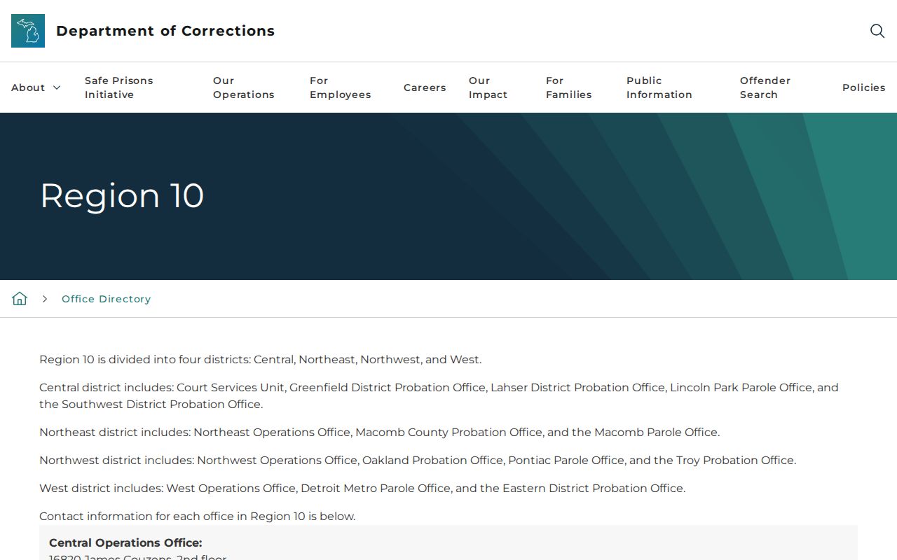 Oakland County probation and parole Region 10 office directory