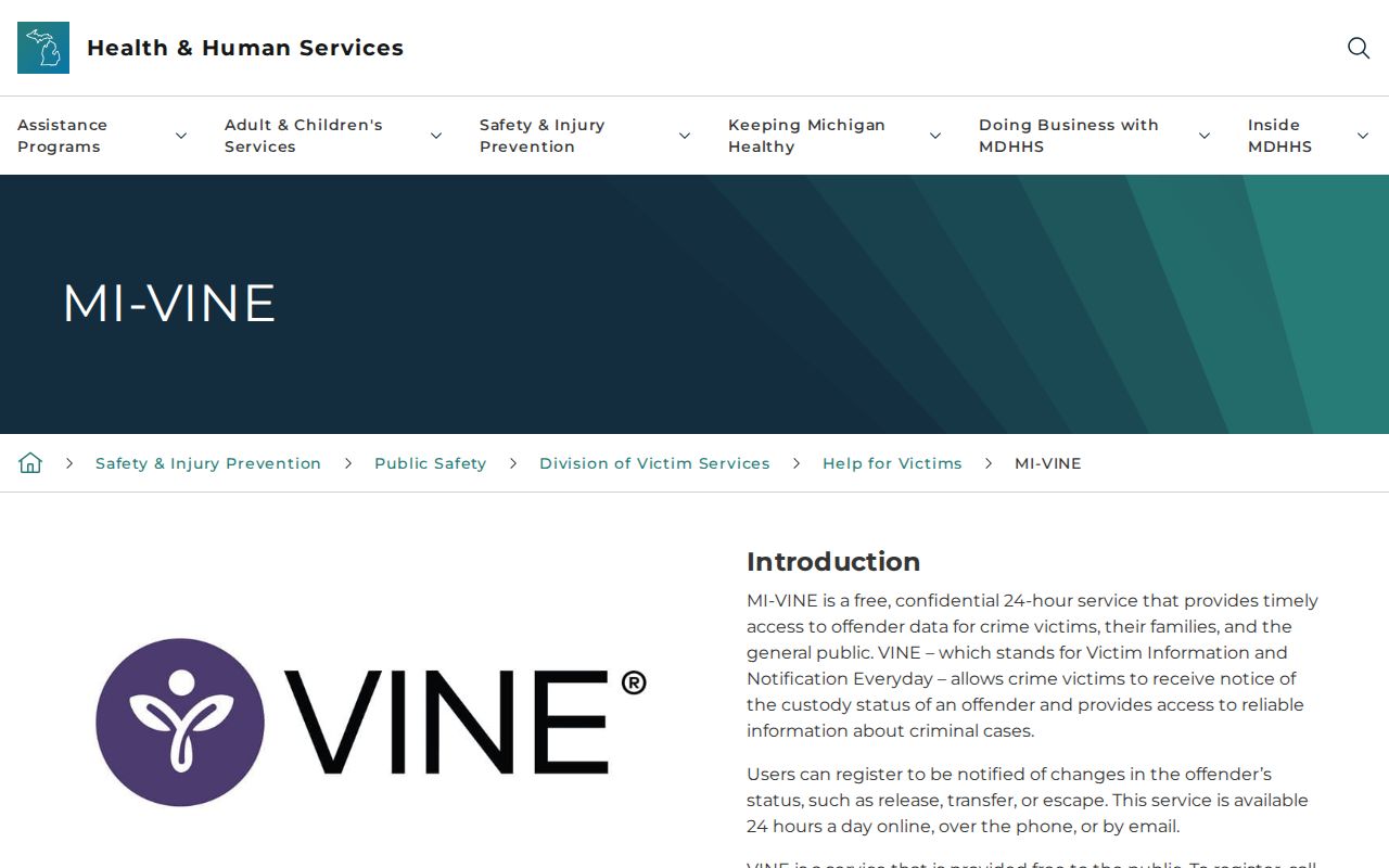Official MI-VINE information for Oakland County inmate release notifications